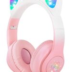 SENCU Wireless Headphones Kids, Cat Ear LED Light Up Foldable Kids Bluetooth Headphone,HD Stereo Sound Childrens Headphones Built in Microphone f