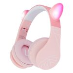 PowerLocus Bluetooth Headphones for Kids, Kids Wireless Headphones Cat Ear LED Light Up, Foldable Volume Limited Headphone with Microphone Wirele