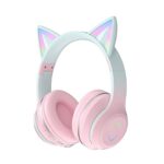 Usoun Kids Bluetooth Headphones, Cat Ear LED Light Child Wireless Headphones with Microphone, TF Card, Foldable Bluetooth Stereo Over-Ear kids He