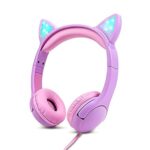 Olyre Kids Headphones for Girls, Safe 85db Volume Control Light Up Cat Ear Headphones, On-Ear LED Children Headphones for School Learning Travel