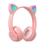 ROSEBEAR Kids Bluetooth Headphones, Headphones Over Ear, Cute Cat Ear Headphones with Led Light, Stereo Over-Ear Headphones for Kids Tablet/Schoo
