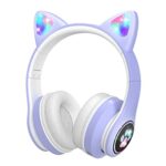 VuyKoo Kids Headphones with Microphone/RGB LED Light Up, Cat Ear Bluetooth Headphones 94dB Volume Limiting, Foldable Stereo Over-Ear Headphones f