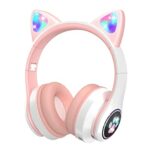 VuyKoo Kids Headphones with Microphone/RGB LED Light Up, Cat Ear Bluetooth Headphones 94dB Volume Limiting, Foldable Stereo Over-Ear Headphones f
