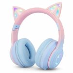 Sendowtek Kids Headphones Wireless Over Ear Cute Cat Ear Earphone with Flashing Lights Foldable Headset Built-in Mic Cute Headphones for Kids Gir