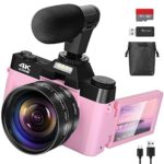 4K Vlogging Digital Camera with 180° Flip Screen, WiFi, Pink Color, Macro & Wide Angle Lens, App Control, External Microphones, 16X Zoom, 32GB TF