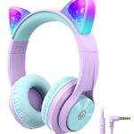 iClever Kids Headphones with Microphone, Cat Ear Led Light Up, HS20 Wired Headphones -Shareport- 94dB Volume Limited, Foldable Over-Ear Headphone