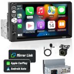 Hikity Single Din Car Stereo with CarPlay and Android Auto 7" HD Touch Screen Car Radio Bluetooth with Mirror Link USB SWC BT EQ+MIC+Reverse Came