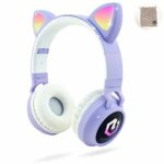 PowerLocus Headphones for Kids, Wireless Bluetooth Headphones Over-Ear with Cat Ears LED Lights, Foldable with Microphone,Volume Limited,Wireless