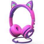FosPower Kids Headphones with LED Cat Ears (Safe Volume Limit 85 dB), 3.5mm On-Ear Wired Headphones with Laced Tangle-Free Cables for Boys/Girls/
