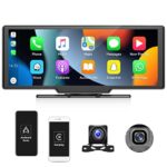 CAMECHO 9.3 Inch Touch Screen Car Stereo, Wireless CarPlay and Android Auto, Portable Car Audio Receiver with Front Dash & Rear View Camera, Blue