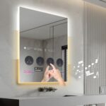 Leotachi 32 x 24 inch Smart Bathroom Vanity Waterproof Mirror Built-in 21.5 inch Touch Screen TV, Adjustable 3-colour Led Lights/Weather Forecast
