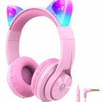 iClever Kids Headphones with Microphone, Cat Ear Led Light Up, HS20 Wired Headphones -Shareport- 94dB Volume Limited, Foldable Over-Ear Headphone