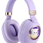Usoun Kids Wireless Headphones, Bluetooth Over Ear Headphones with Cute Cat Colorful LED Lights,Wireless&Wired,Foldable,Build-in Mic,Bluetooth He