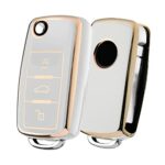 OATSBASF Car Key Cover for VW Golf 3 Key Box/Key Case Cover for VW Polo, Passat, Skoda, Seat, 3 Buttons (White-Golden Edge)