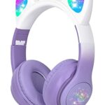 SENCU Wireless Headphones Kids, Cat Ear LED Light Up Foldable Kids Bluetooth Headphone,HD Stereo Sound Childrens Headphones Built in Microphone f