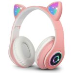 Sendowtek Wireless Headphones for Kids Adults Over Ear Cute Cat Ear Earphone with Flashing Lights Foldable Headset Built-in Mic Cute Headphones f