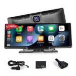 Hikity Wireless CarPlay Screen with Dashcam and 64GB TF 9.3 Inch IPS Portable Car Stereo with Wireless Android Auto Support FM Transmitter, Backu