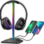 New bee Headphone Stand RGB Headset Holder with 1 USB-C Charging Port and 1 USB Charging Port, Headset Stand Gaming with 7 Light Modes Suitable f