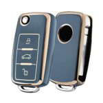 OATSBASF Car Key Cover for VW Golf 3 Key Box/Key Case Cover for VW Polo, Passat, Skoda, Seat, 3 Buttons (Blue-Golden Edge)