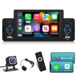 Single Din Car Stereo with Apple Carplay Android Auto 5 inch Touch Screen Bluetooth Radio, Mirror Link/SWC/FM/7 Color Buttons/USB Fast Charging +