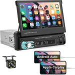 CAMECHO Apple Carplay Android Auto Single Din Car Stereo with Bluetooth Backup Camera 7 inch flip Out Touch Screen Car Stereo Support USB, TF, FM