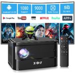 Auto Focus Android TV OS Mini Smart Projector, Xgody A40 9000 Lumens 1080P Support WiFi Bluetooth Projector, Portable Zoom Function Home HD Video