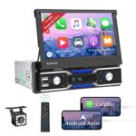 CAMECHO Android 10.1 Single Din Car Stereo with Apple Carplay Android Auto 7 Inch Flip Out Touch Screen Radio with Sat Nav, Backup Camera, Blueto