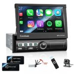 Single Din Touchscreen Car Stereo Apple Carplay Android Auto, 7 inch Automatic Flip out Car Radio with Bluetooth FM Mirror Link AUX Input SWC EQ