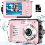 Digital Camera with 32GB Card Waterproof Camera 10FT 30MP 1080P FHD Video Compact Portable 16X Zoom Waterproof Digital Camera for Kids（Pink）