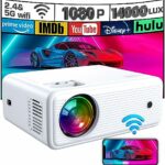 Mini Projector, ClokoWe WiFi Projector with Projection Screen 1080P Full HD, 14000 Lux Portable Video 4K Projector Compatible with iphone TV Stic