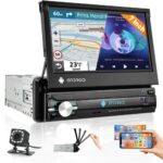 Hikity Android 10 Car Stereo Single Din Car Radio Bluetooth Hands Free with Sat Nav 7 Inch Manual Flip Out Touch Screen Support Phone Mirror Link