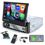 Hikity Wireless Carplay Single Din Car Stereo 7 Inch Manual Flip Out Touchscreen Bluetooth Car Radio with Android Auto Reverse Camera/TF/USB/AUX/