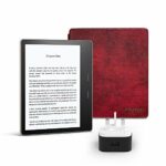 Kindle Oasis Essentials Bundle includes Kindle Oasis 7" E-reader (32 GB, Graphite), Amazon Leather Cover (Merlot), and Amazon 9W Power Adaptor