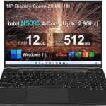 AOCWEI 16" Laptop 12+512GB Windows 11 N5095 (Up to 2.9Ghz) 4-Core PC with Cooling Fan 1920 * 1200 2K Screen Dual WiFi Support 2.5" HDD 1TB SSD Ex